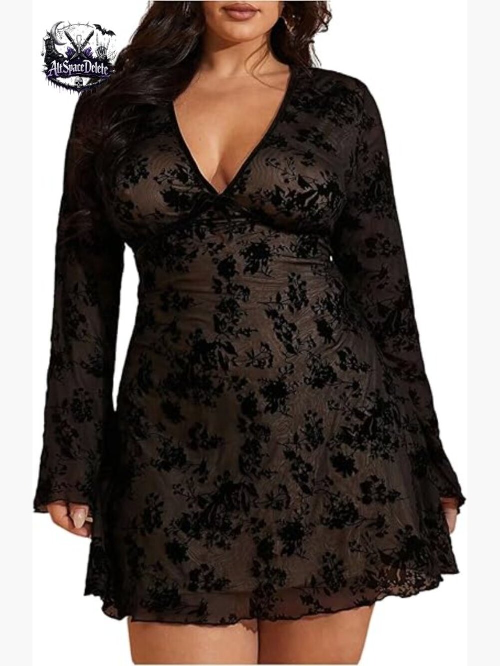 Plus Size Floral Mesh Mini Dress Long Sleeve V Neck A Line Gothic